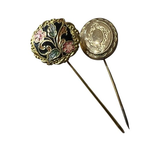 Vintage Stick Pin Set Cloisonné Floral Gold Tone + 1/20 12K GF Engraved Locket - Picture 3 of 8